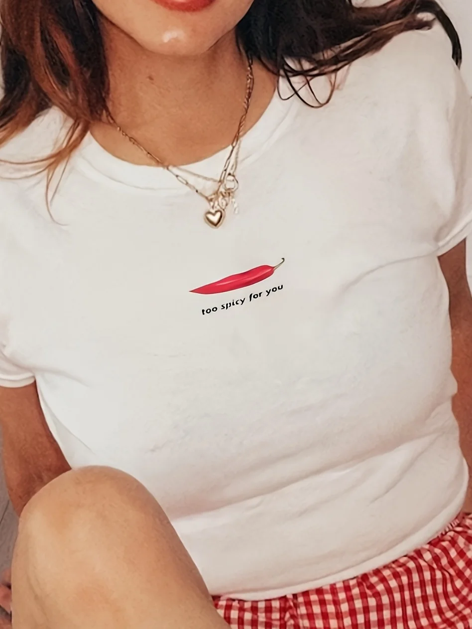 Camiseta de Verano para Mujer con Estampado de Letras Inglesas de Chile, Estilo Body-Hugging, Manga Corta, Estilo Harajuku