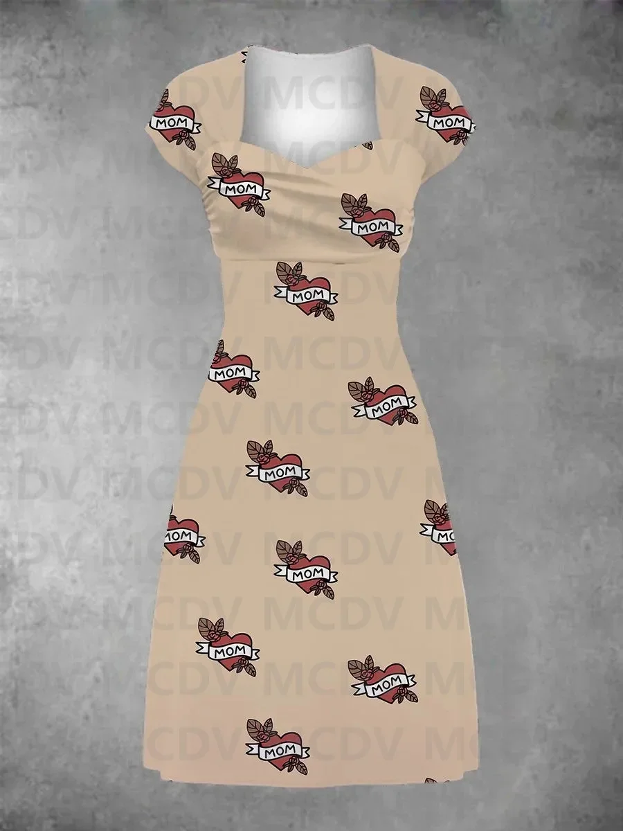 Women's Vintage Feather Fire Tattoo Print Patchwork Casual Midi Dress