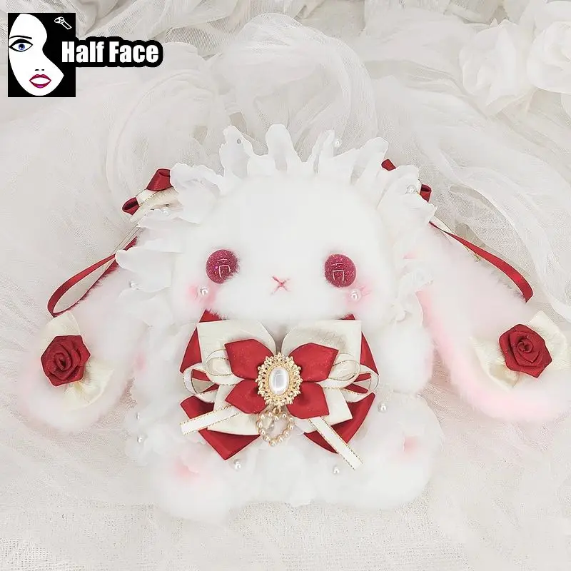 Y2K Spicy Girls Harajuku Gothic Womens Punk One Shoulder Lolita Rabbit Plush Cute Lace Bow Furry Pearl Chain Crossbody Bags Tote