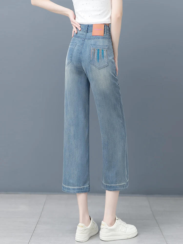 

High Waist Straight Leg Jeans Women's Summer Thin New Style Embroidered Nine Point Slim Wide Leg Pants Casual Korean S...