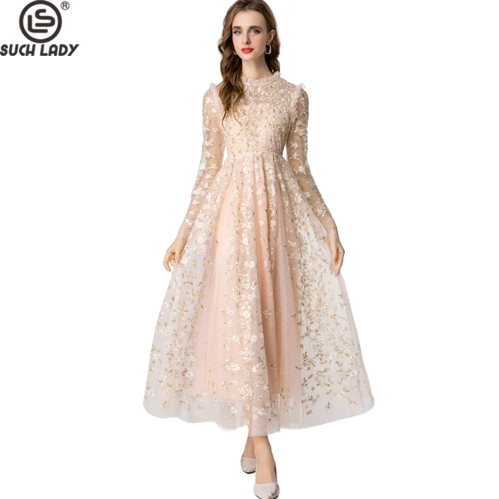 Vestido largo elegante de tul bordado negro para mujer con mangas largas transparentes, cintura ajustada y voluminoso