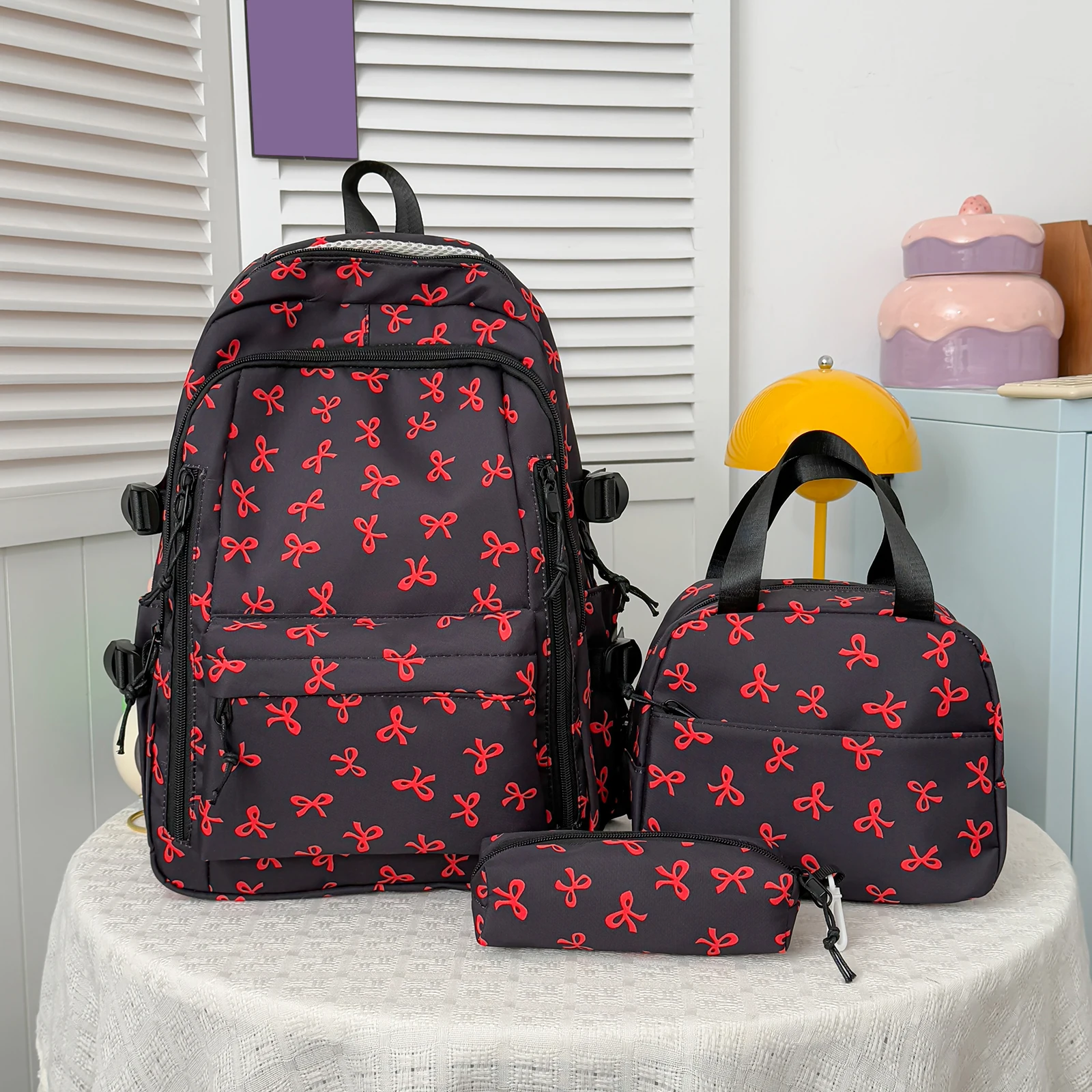 Coquette Bow Aesthetic Daypack with Lunch Bag & Pencil Pouch Aesthetic Preppy Backpack for Teens Women Women College