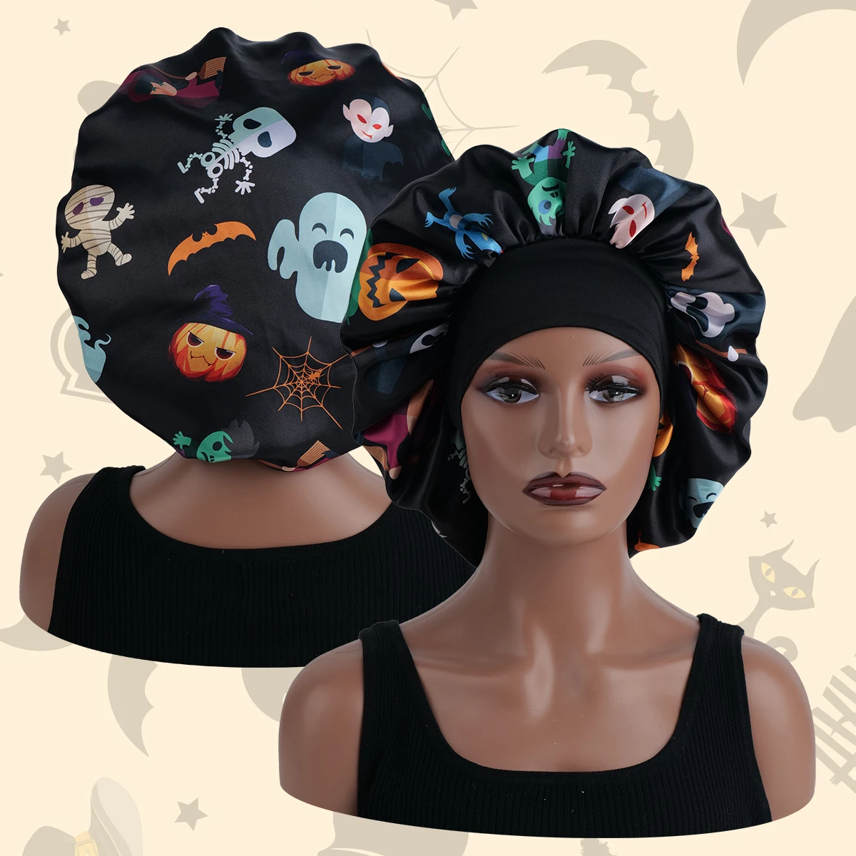 

1pc Women/man Satin Wide-Brim Shower Cap - Halloween Hair Protector, Silk Bonnet for Daily & Party Prep