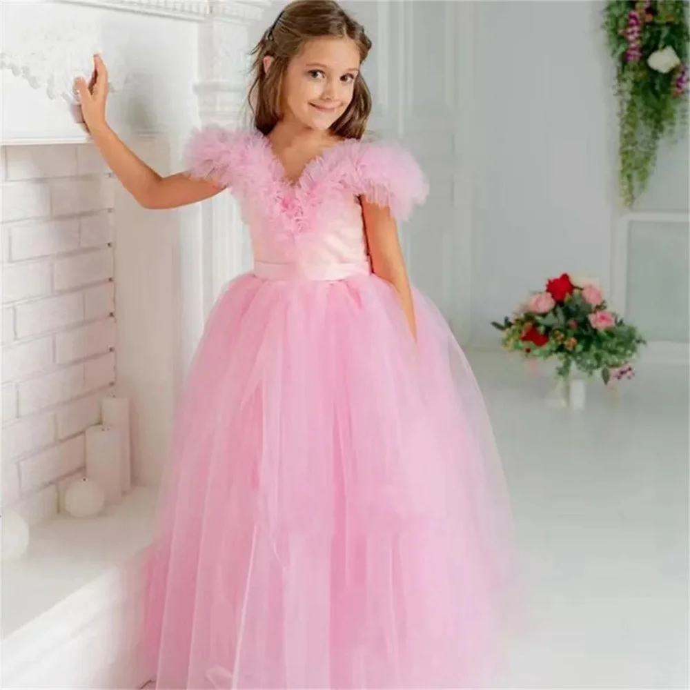 

Lovely Princess Pink Flower Girl Dresses For Wedding Tulle Birthday Wedding ball Pageant Floor Length Communion Piano Playing