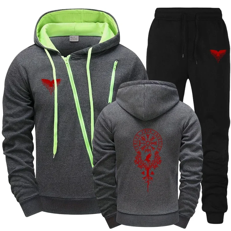 

Raven Printed Mens Athletic Set Hooded Sweatshirt Pants Autumn Winter Sports Wear Casual Training Suit Motorcycle Zipper Jacket
