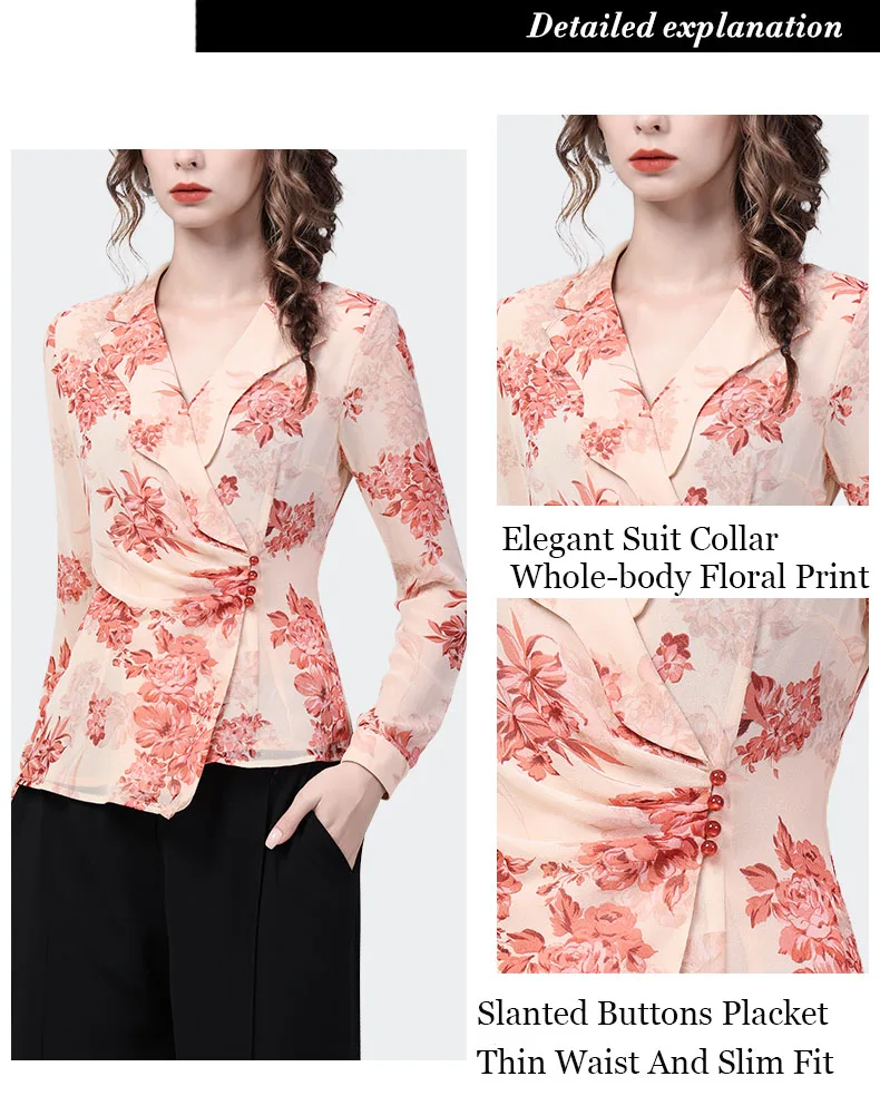 Fashion Suit Collar Floral Print Chiffon Blouse Women Long Sleeve Pink Button Shirt Spring Autumn Tops Elegant Vintage Clothing