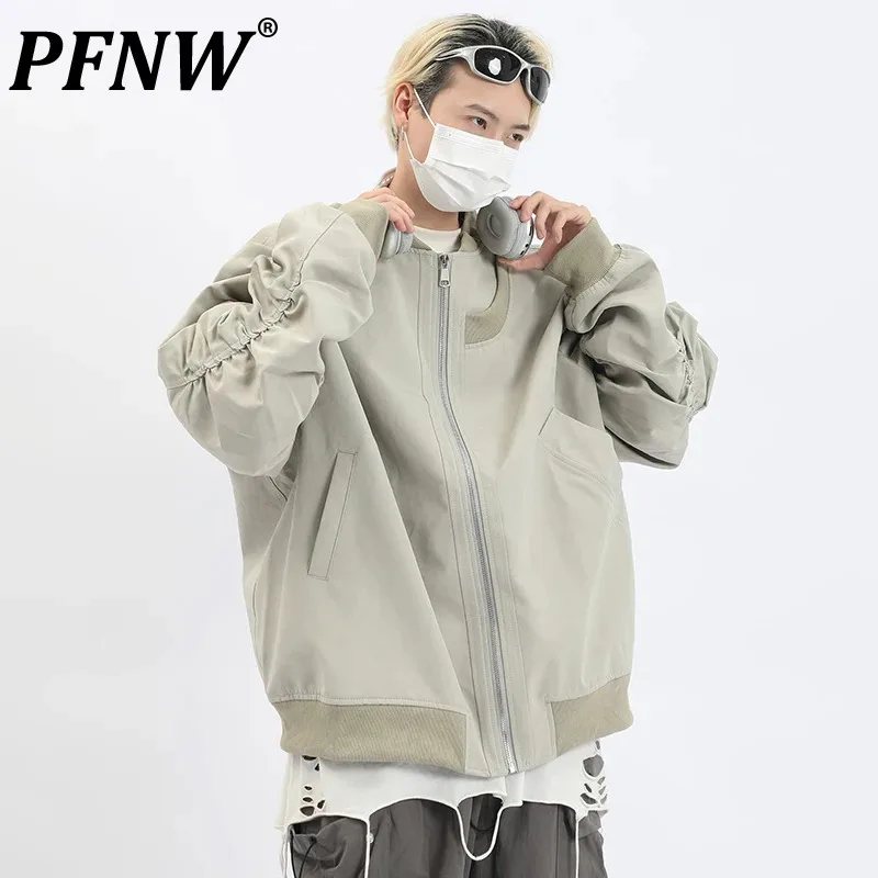 

PFNW American Pleated Zipper Design Jacket Men's High Street Stand Collar Solid Color Autumn Winter Fashion Loose Tops 28W4430