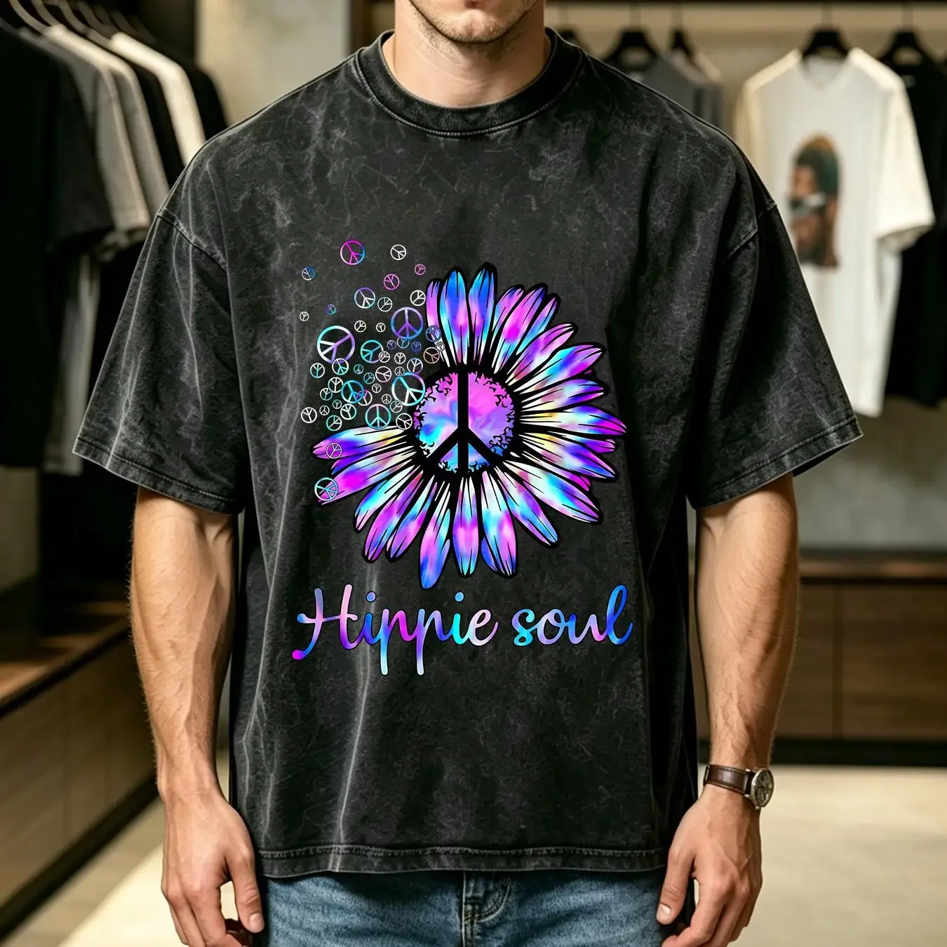 washed T Shirt Hippie Soul Psychedelic Daisy Peace Sign long or short sleeves vintage Washed Breathable Soft Unisex Stretched