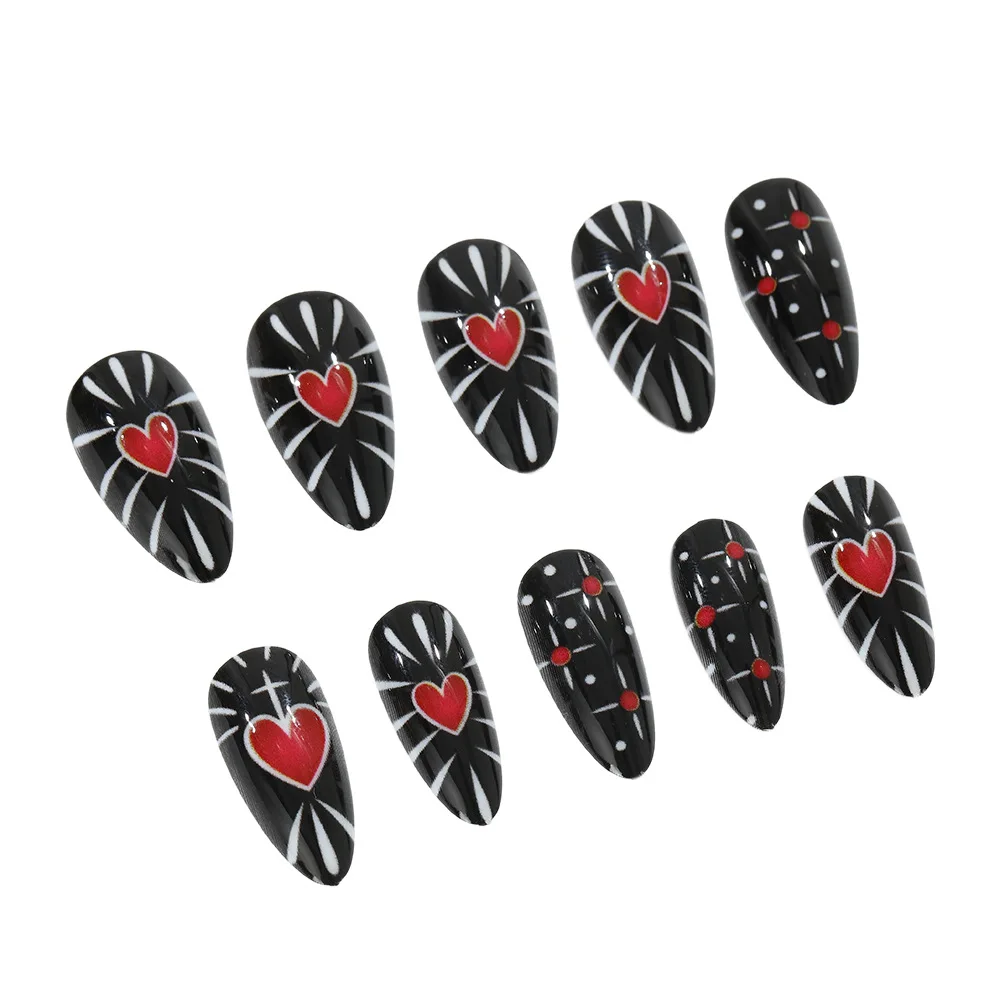 

24PCS Red Heart Fake Nails Black Gothic Almond Shape Press on Nails Edgy Punk Valentines Day Spicy Cool Style Removable Nail Art