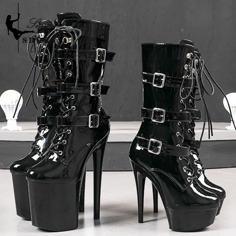 Shoes Fashion Belt Buckle Sexy Knight Female 8 Inch High Heel Platform Ankle Women Boots 20cm Black Big Size Pole Dancing Boots