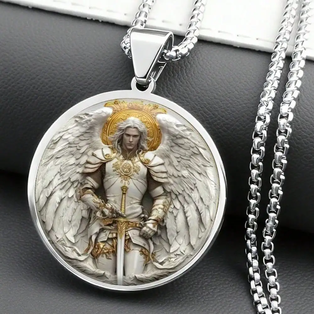 Archangel Michael Pendant Necklace Jewelry, Gold Plated 316L Stainless Steel, Guardian Angel Round Time Gemstone Necklace For Men & Women