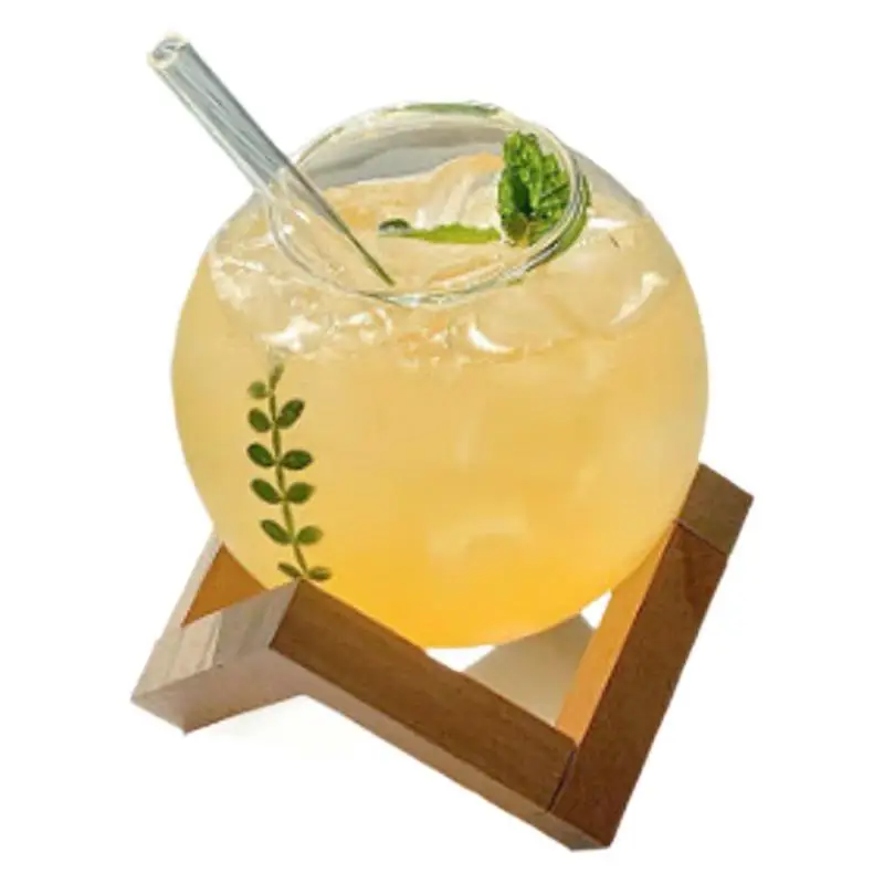 

480ml Spherical Cocktail Glass With Wood Stand Unique Shape Bar Glassware Drink Cup Round Ball Cocktail Cup Glass Cup