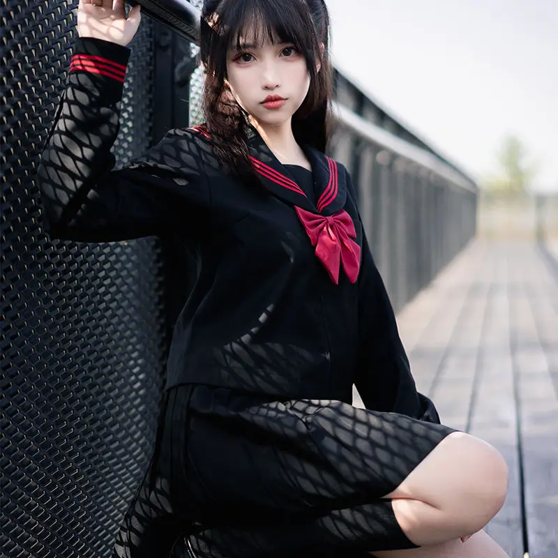 Japanese School Uniforms S-2xl Student JK Uniform Black Red Sailor Outfit Girl Sexy Seifuku Sailor Blouse Pleated Skirt Set