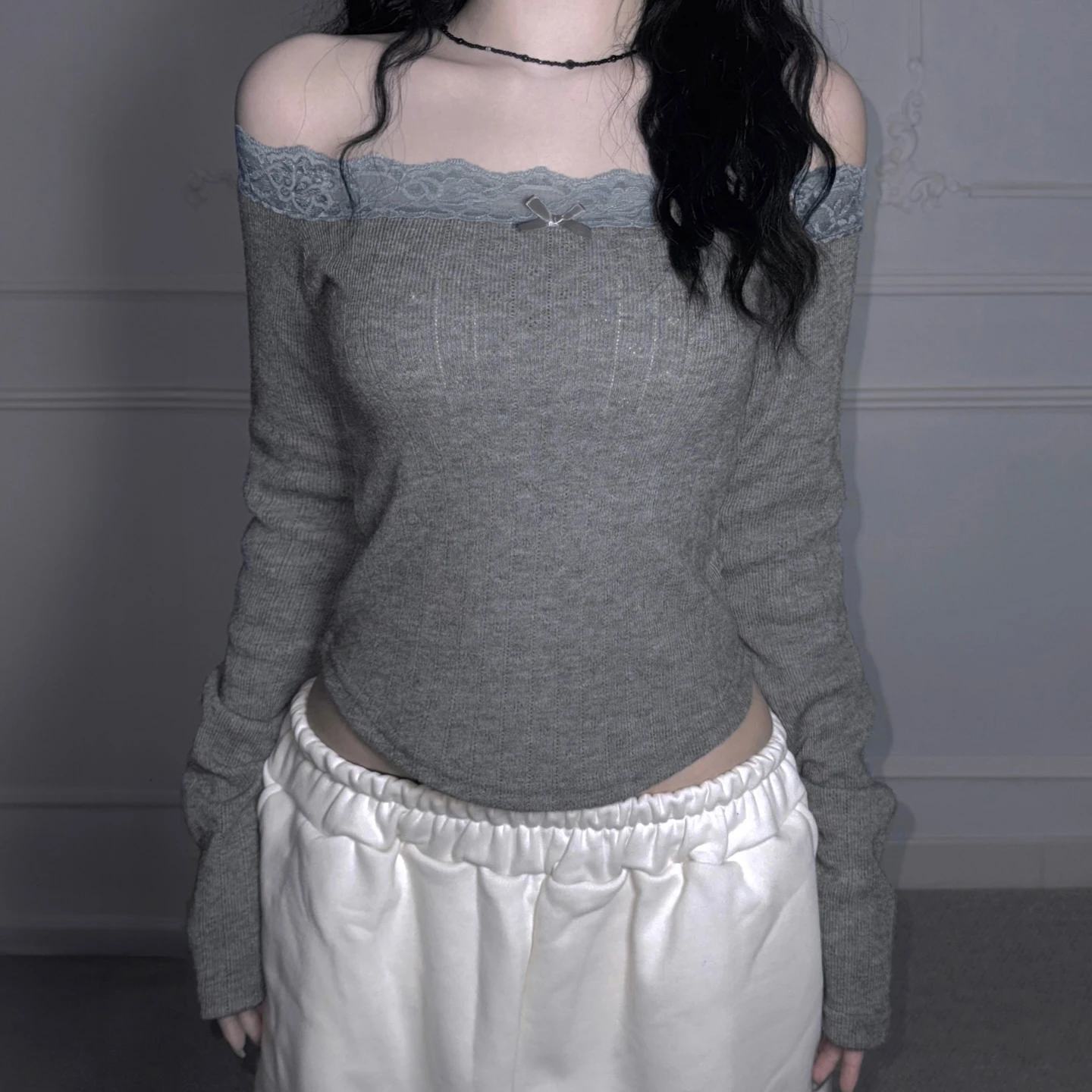 

Sweet Lace Trim Cropped T Shirt Sexy Slim Bow Slash Neck Long Sleeve Tees Women 2025 Autumn Spring Fashion Streetwear Ladies