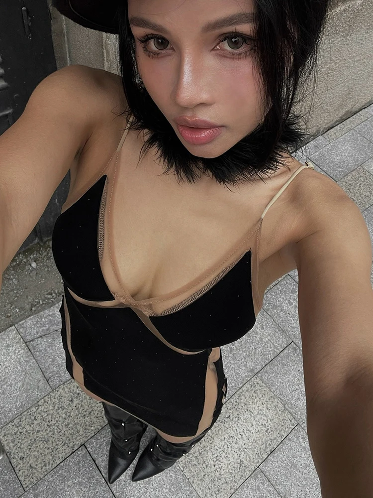 Nibber Patchwork Dress Women Elegant Corduroy Hollow Sexy See Through Low Neck Sleeveless Backless Street Party Club Bodycon