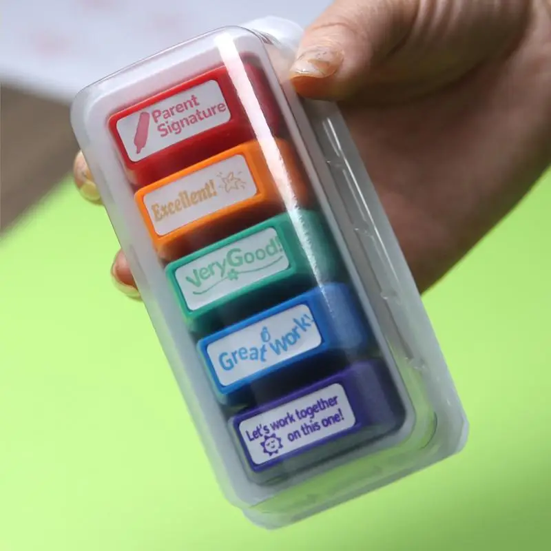 ~New! 5 Pcs Self Inking Teacher Feedback Stamps With Encouraging Phrases For Classroom Grading Homeschool Homework Review