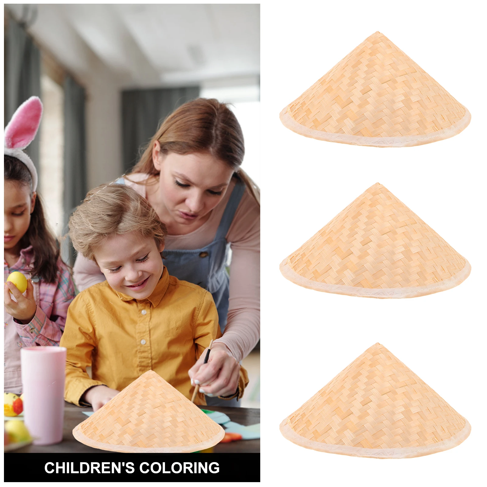Chapeau de cosplay oriental pour enfants, 3 pièces, chapeau conique en paille fait à la main, style traditionnel chinois, protection solaire, décoration de fête