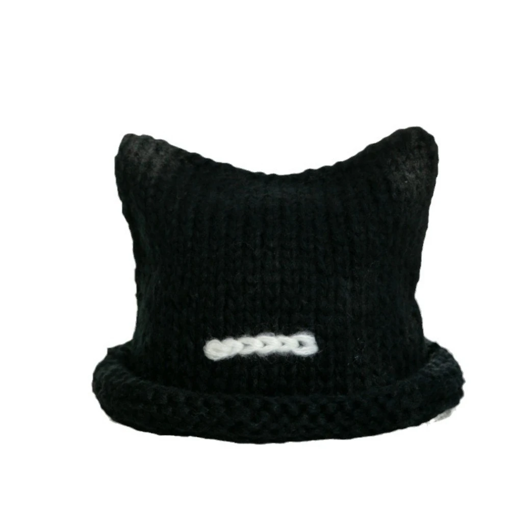 Autumn And Winter Beanie Hat Handmade Thick Thread Knitted Woolen Hat Women's Fashionable Warm Baotou Hat Cute Cat Ear Cold Hat