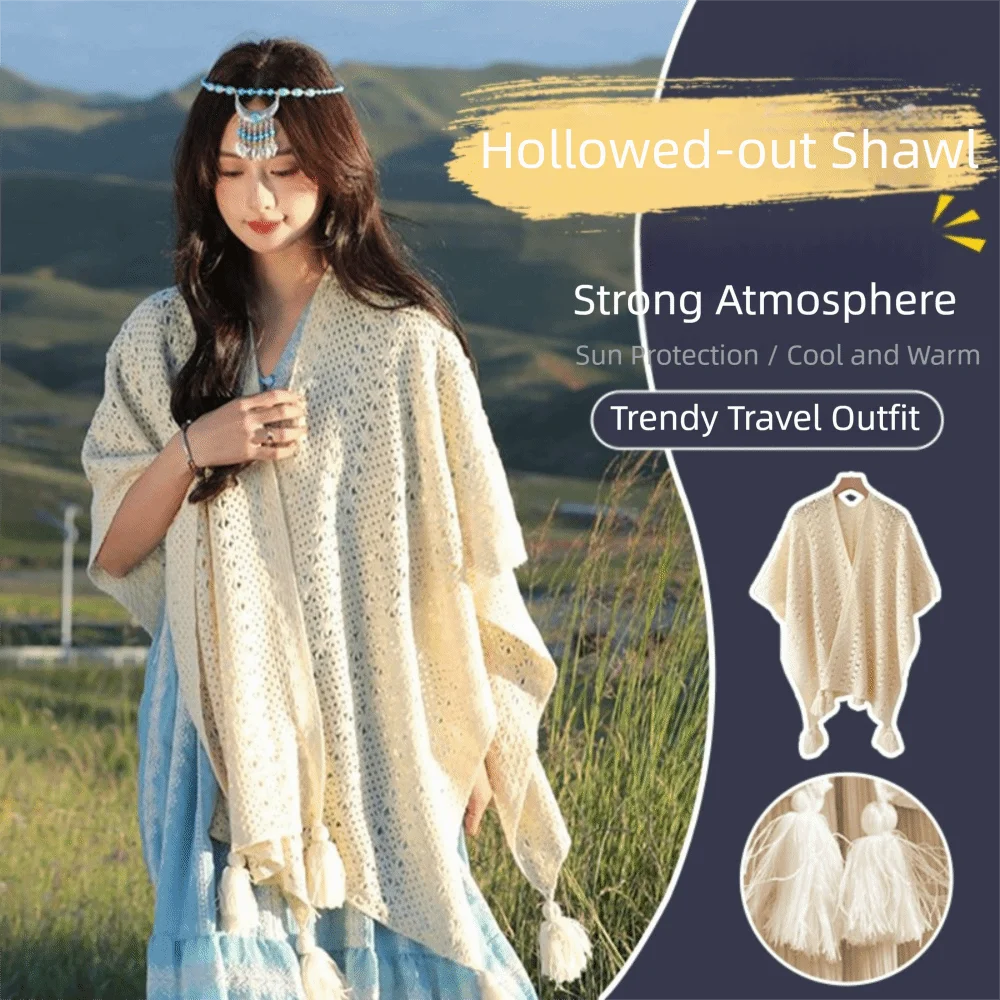 

Gradient Color Knitted Hollow Out Shawl Tie Dye Ethnic Style Cardigan Tassel Shawl Versatile Bohemian Mongolian Poncho
