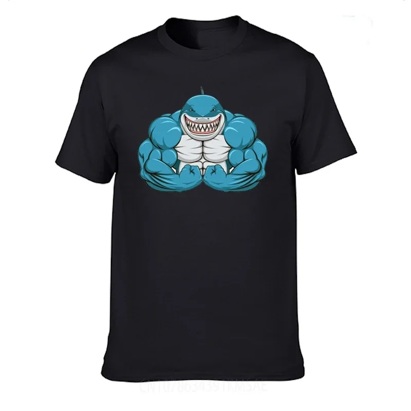 

Hot sale Fashion Bodybuilding Men Muscle Sharks Logo Pattern T Shirt MoreSize Short Sleeve Mens Cotton Top Tees