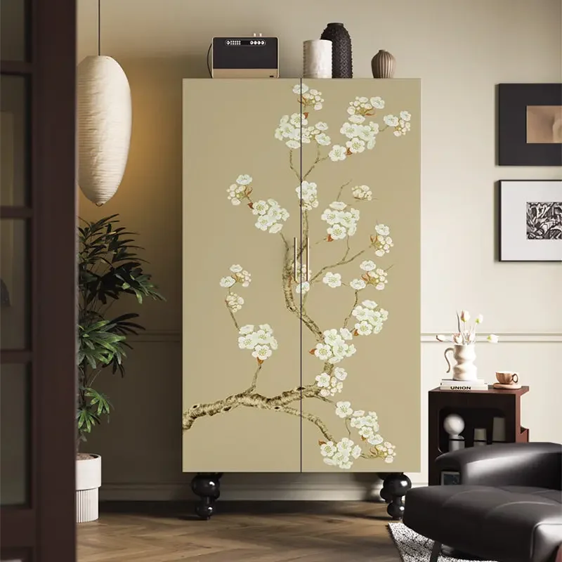 

Chinese flower solid wood wardrobe small apartment large capacity dustproof clothes locker free installation creative storage