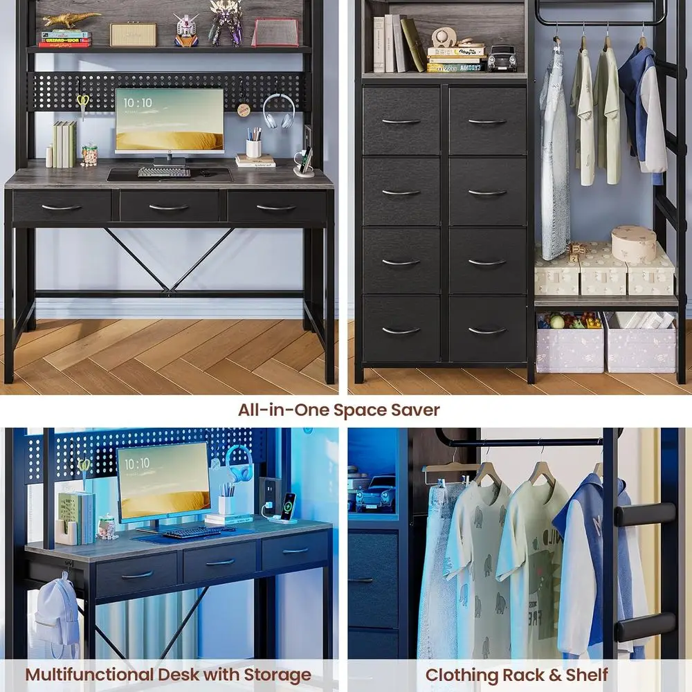 سرير علوي بحجم مزدوج مع مكتب، 11 درج تخزين، علوي معدني للأطفال مع أضواء RGB، محطة شحن، أرفف ورف ملابس، 13