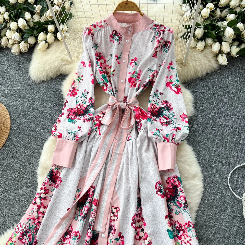 Elegant ฤดูใบไม้ร่วงแขนยาว Maxi ชุดเสื้อผู้หญิงเดี่ยวหลวมขนาดใหญ่ชุดดอกไม้หญิงสาย Casual Vestidos