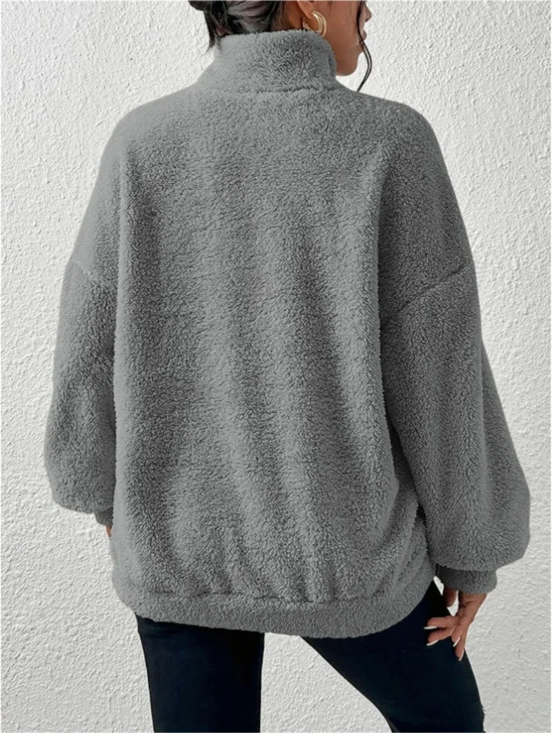 2026 Autumn Winter New Plush Thick Women's Stand Up Collar Half Zipper Pullover Fashion Casual Loose Large Pocket Sweatshirt