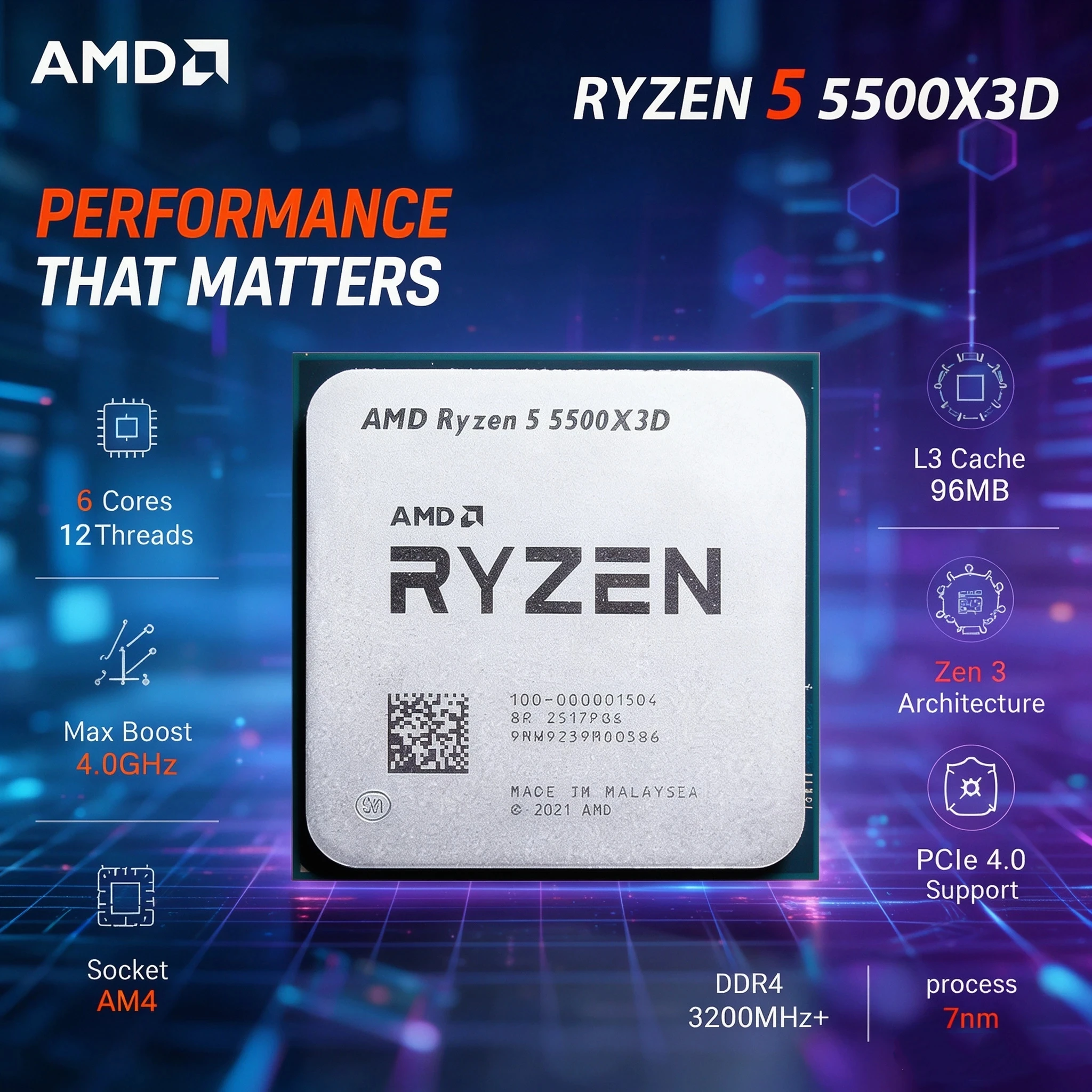 AMD Ryzen 5 5500X3D Zen 3 Gaming CPU 6 Core 12 Thread 96MB L3 3D V-Cache 7nm Socket AM4 DDR4 Desktop Processor 5000 Series CPU