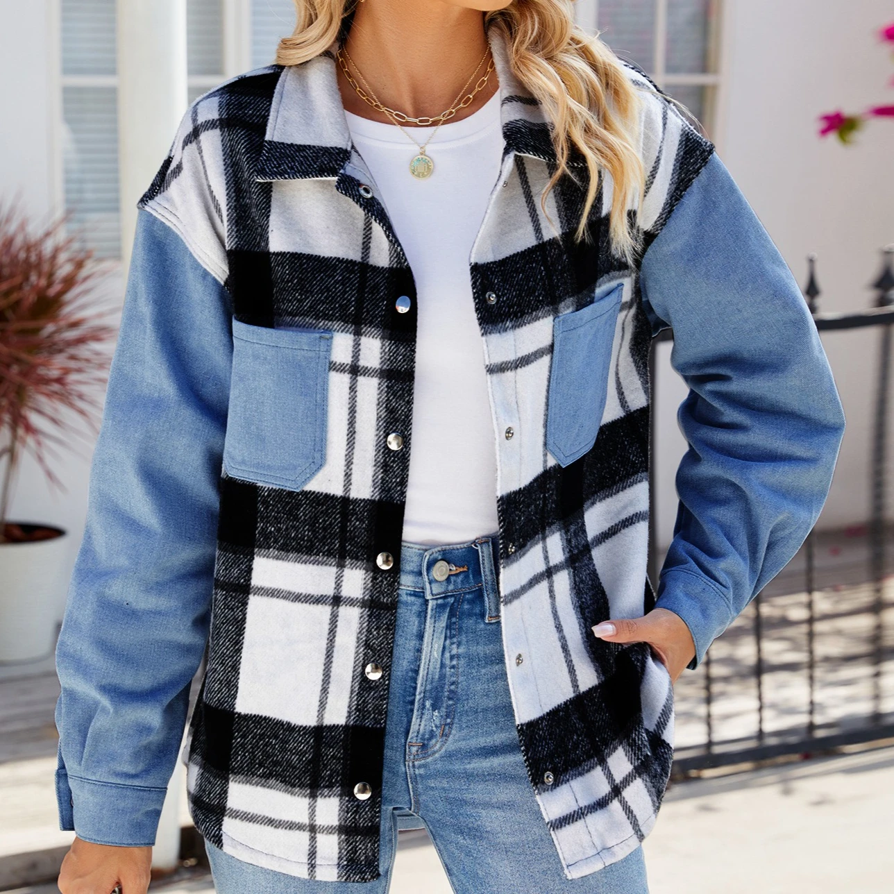 

Denim Coats Women Plaid Coat Casual Work Turn Down Collar Full Sleeve Y2k Streetwear Jackets Regular Splice Gothic Jacket 2025