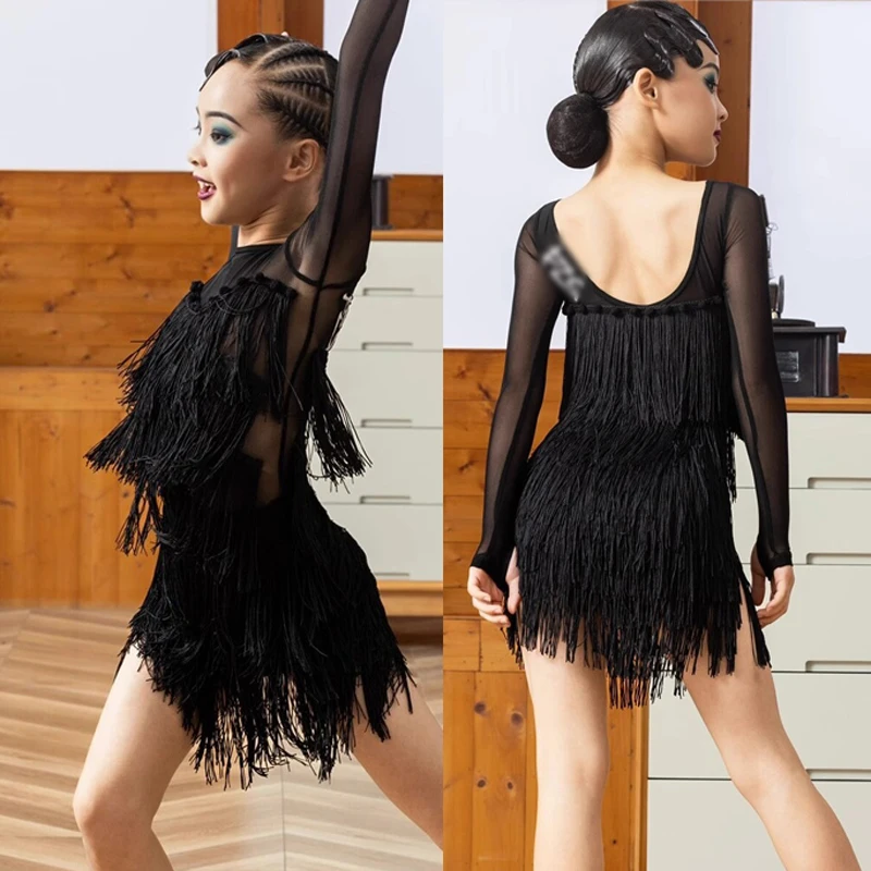 فتاة مثير اللاتينية فستان رقص أسود الأطفال المنافسة المهنية قاعة الرقص فساتين شرابة Tanggo تشا تشا الفالس Dancewear