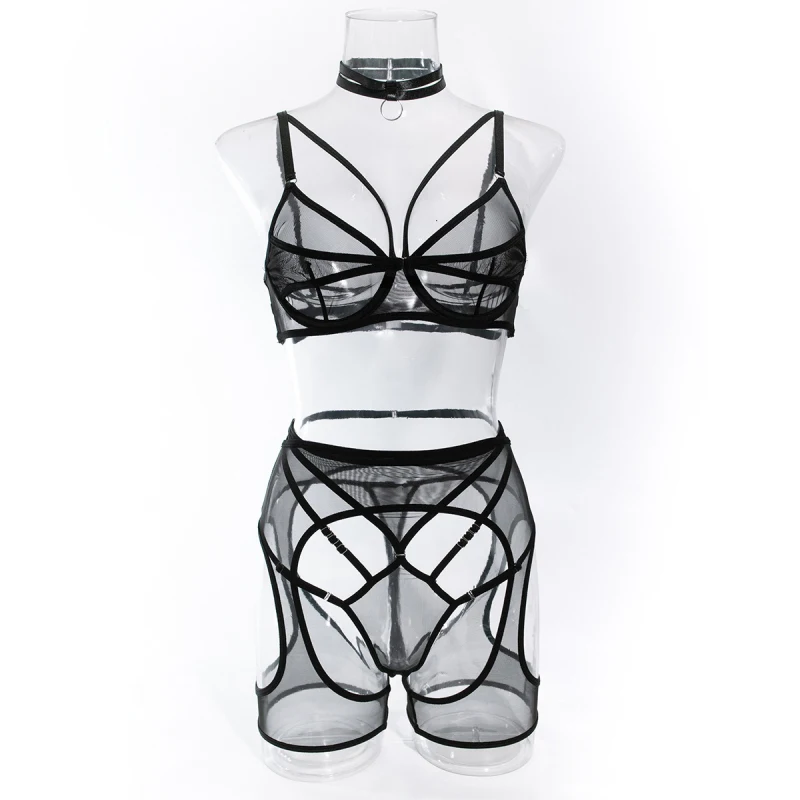 Bikini mesh hollow-out seductive lingerie uniform garter belt and ring bra four-piece set