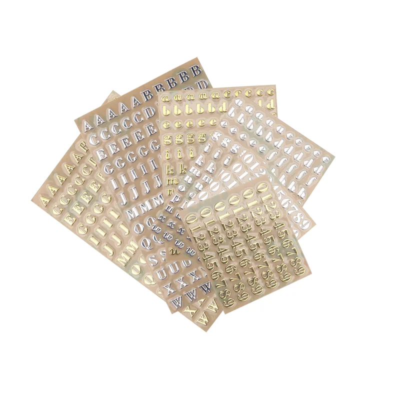 LICE-6 Sheets Small 0.35 Inch Alphabet Number Stickers Glitter Alloy Self Adhesive Letters Stickers Gold/Silver