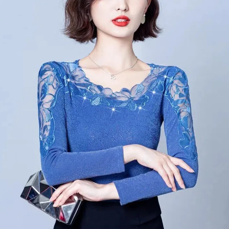 

Fashionable and Stylish Women Spring and Autumn New Spliced pullovers O-Neck Lace Diamonds Color Slim Casual Long-sleeved Tops