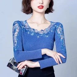 Fashionable and Stylish Women Spring and Autumn New Spliced pullovers O-Neck Lace Diamonds Color Slim Casual Long-sleeved Tops