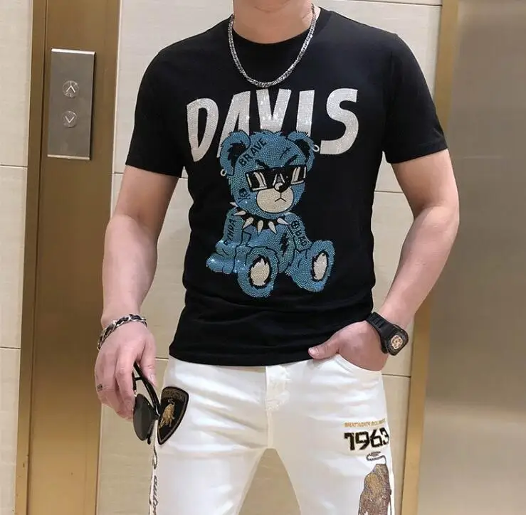 Anime Hip Hop Rhinestone T Shirt Men  Streetwear Short Sleeve Cotton  Sports Outdoor T-shirt  Tops