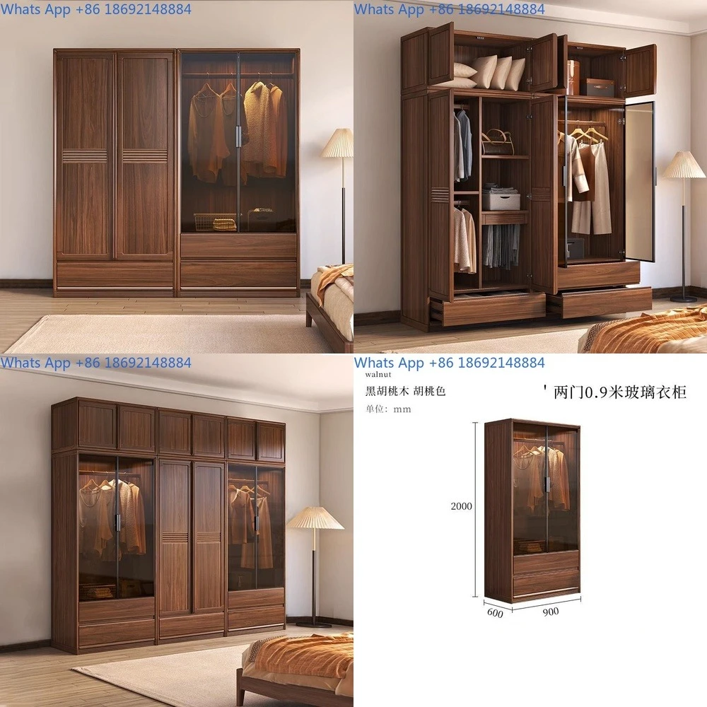 

Solid Wood Wardrobe with Sliding Glass Doors Minimalist Modern Bedroom Storage Closet for Home Use