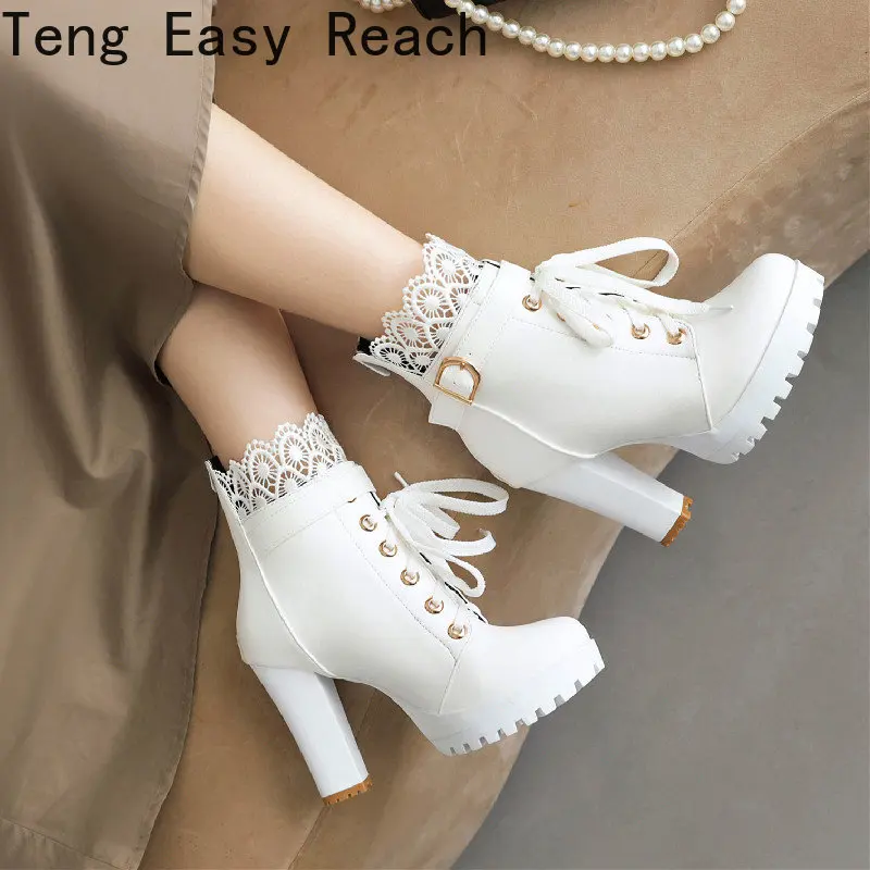 

Autumn and Winter New Styles Fashion High-heeled Waterproof Short Boots Crossed Tied Women's Lace Boots High 10cm Size 34-43