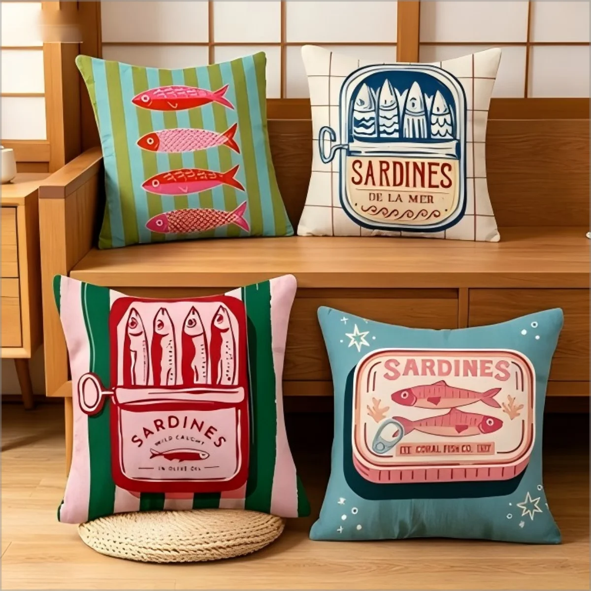 Bohemian Sardine Print Pillow Cover Retro Fish Can Cushion Case Home Decorative Throw Pillow Cover for Sofa Bedroom  Home