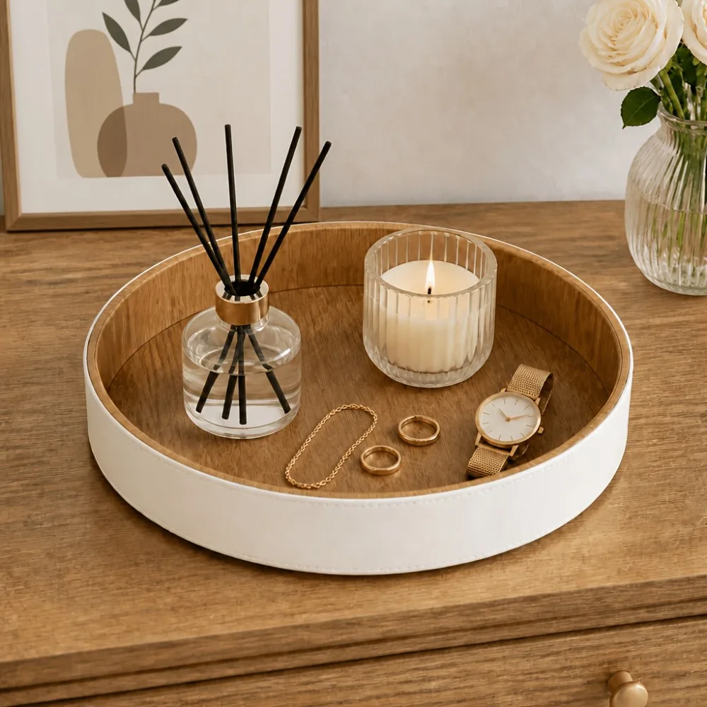 Circular Tray PU Leather Storage Disc, Warm Home Decoration Multi-purpose Storage Disc Family Storage Rack Home Organization