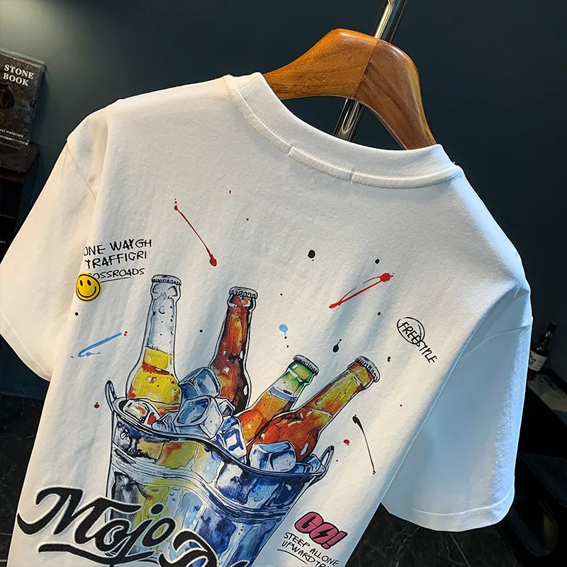 Los T-shirt met korte mouwen voor heren, trendy zomertop met bierprint, casual, veelzijdige mode herenkleding