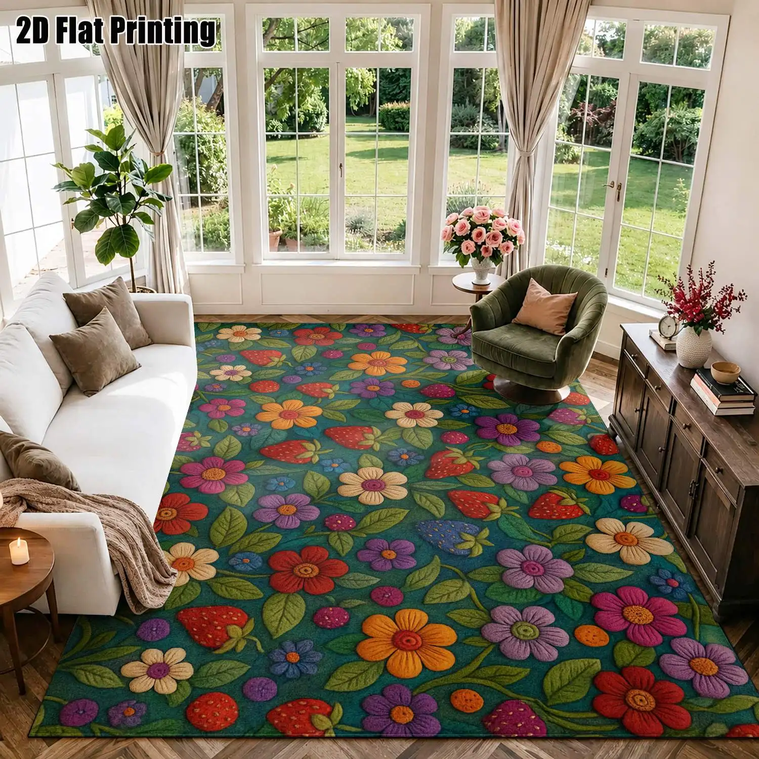 1Pc 2D Printed Carpet: Colorful Flower & Strawberry Patterns, Nordic/Instagram/Modern Minimalist/European/Vintage Style Home Decor, Multi-Size, Machine Washable, Ideal for Entryway, Dining Room, Foyer, Bedroom, Living Room.