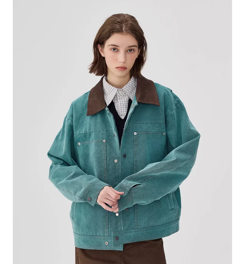 Spring & Autumn American-Style Washed Canvas Color-Contrast Collar Vintage Jacket