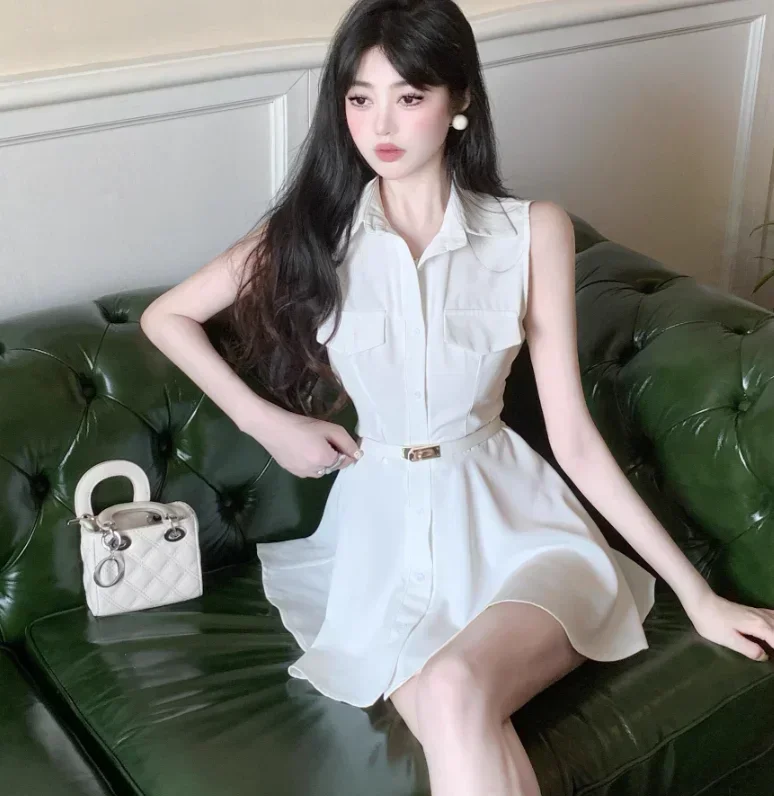 Gagarich French Tank Top Shirt Dress Women 2024 Summer White Design Sense Niche Waist Small Figure A-line Short Vestidos