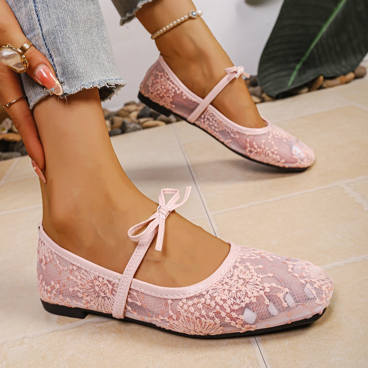 Frühling/Sommer Elegante Ballerinas mit eckiger Zehenpartie, sexy Mesh-Ballerinas, modische, meistverkaufte, neue, bequeme Damenschuhe in großen Größen – Detail 5