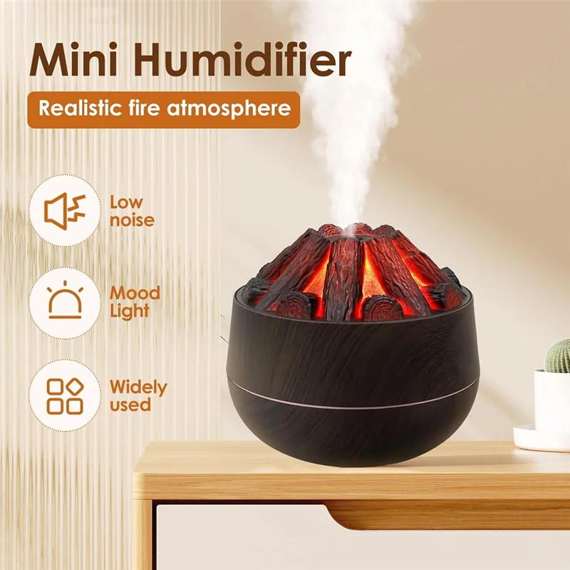 300Ml Bonfire Humidifier USB Noiseless Flame Essential Diffuser Auto-Off Wood Grain For Home Office Gym Dark Wood Grain-[Mriae P