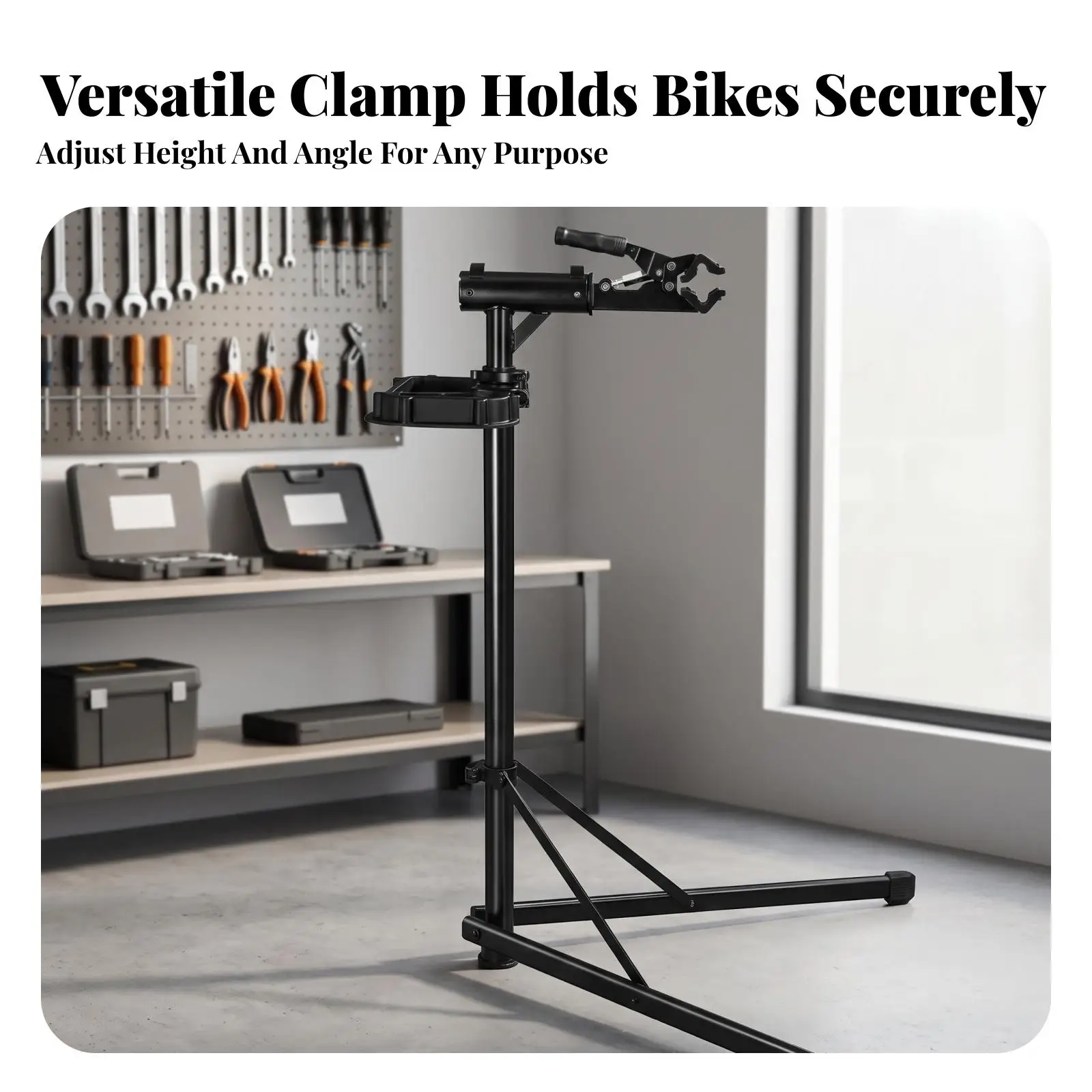 Black Foldable Cycle Repair Stand with Secure Frame Clamp for Garage Workshop Bicycle Tool Set Accessories