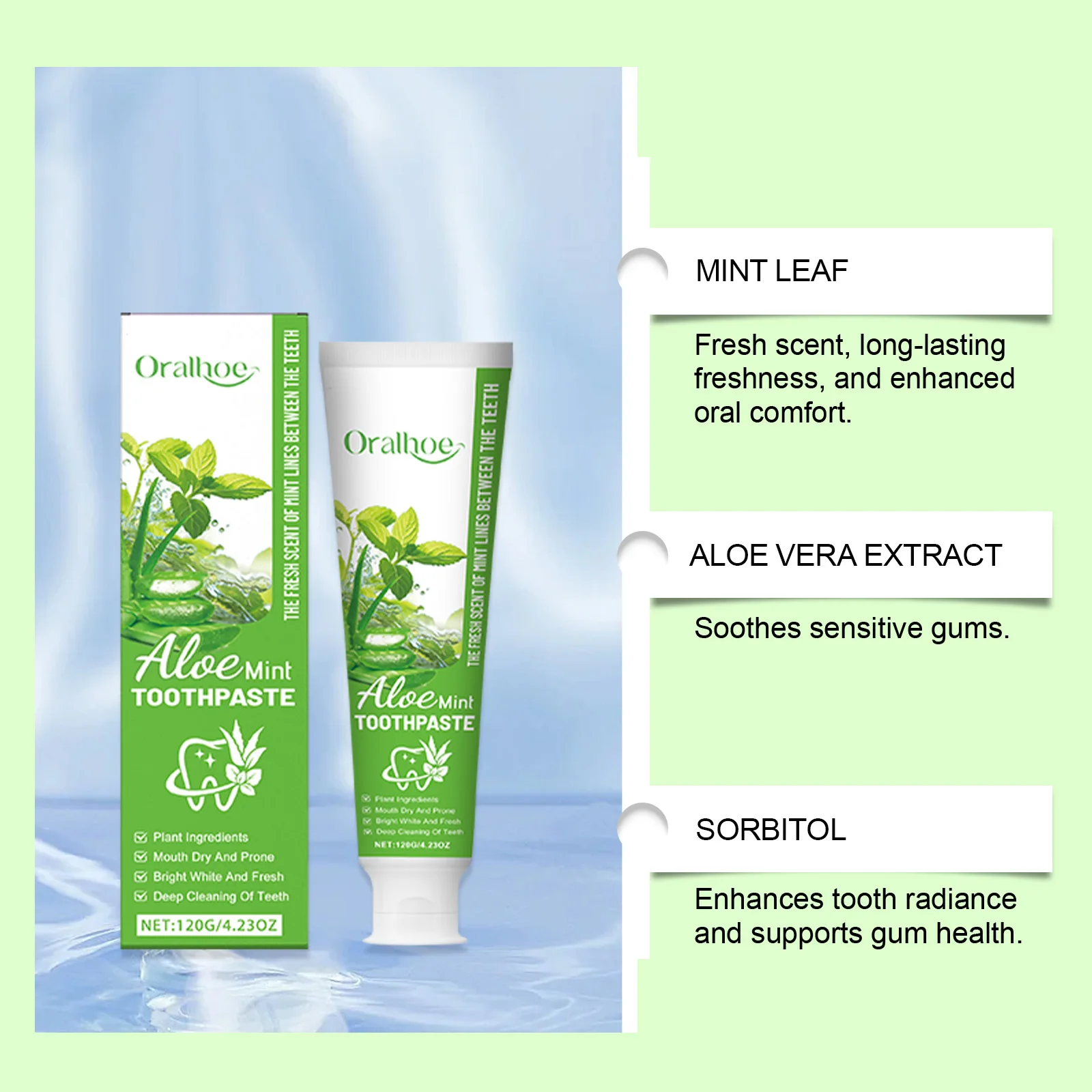 Oralhoe Aloe Vera  Toothpaste Gentle Care Cleans Teeth Removes Stains Yellowing Odor Fresh Breath Protects Teeth Daily Oral Care