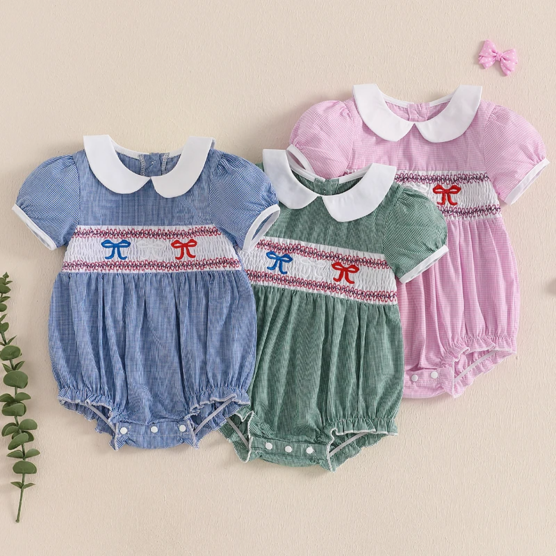 

Independence Day ​Baby Girl Summer Romper Cute Short Sleeve Doll Collar Bow Embroidery Jumpsuit Newborn Playsuit Clothes