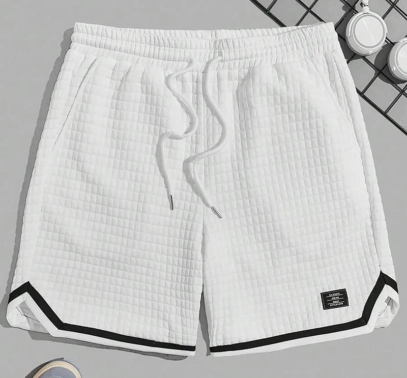 Herren Bubble-Waffel-Karo-Shorts, entspannte Passform, Kordelzug in der Taille, Kontrastbesatz, sommerliche Freizeitkleidung, sportliche Streetwear mit Taschen – Detail 6